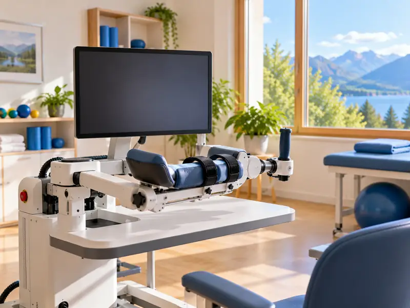 Arm-Therapieroboter mit gepolsterter Armschale und Bildschirm in einem hellen Therapieraum.