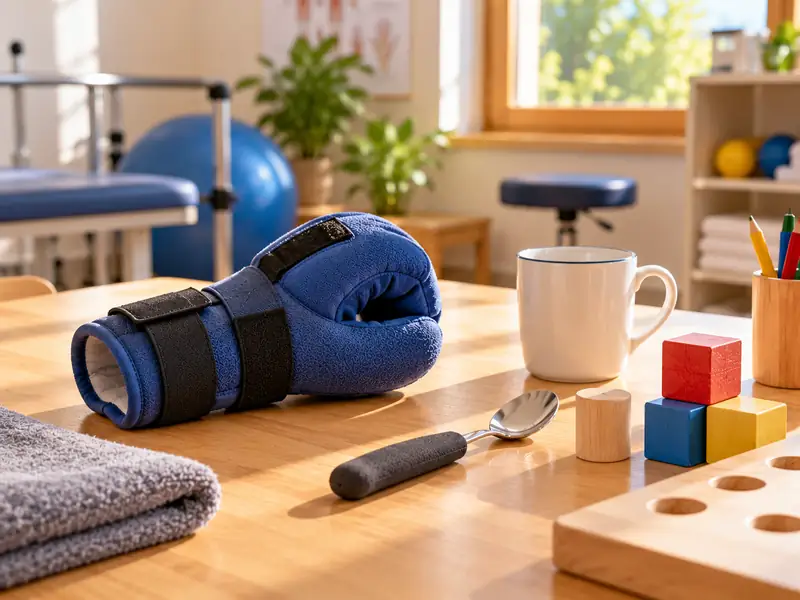 Gepolsterter blauer Fäustling mit Klettverschlüssen auf einem Therapietisch, daneben eine Tasse, ein Löffel mit dickem Griff und Holzklötze zum Üben.