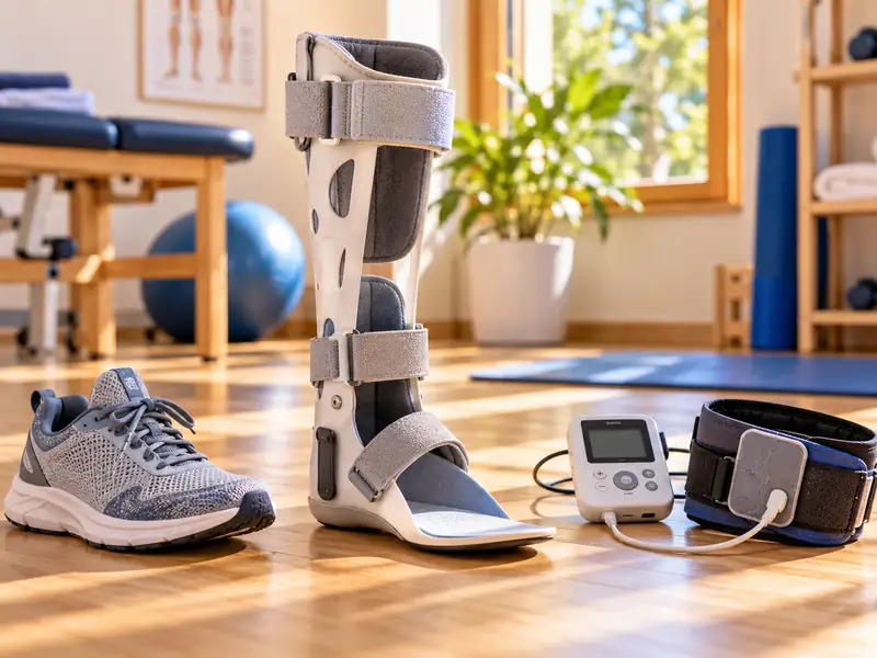 Unterschenkelorthese neben einem Turnschuh, daneben ein kleines Stimulationsgerät mit Beinmanschette.