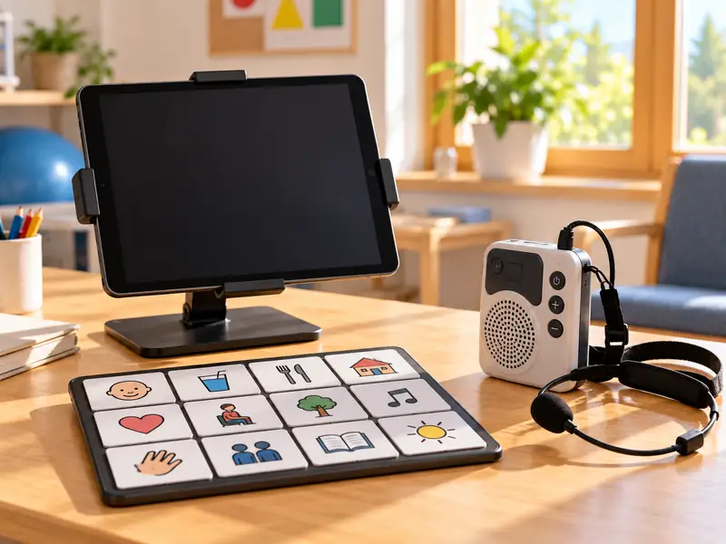 Tablet in einer Halterung, eine Kommunikationstafel mit Bildsymbolen und ein Sprachverstärker mit Headset.