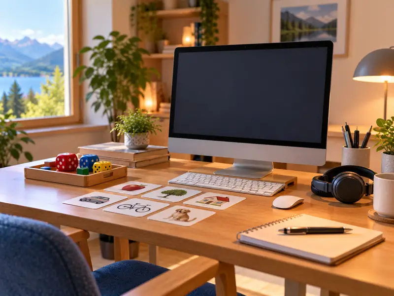 Schreibtisch mit Computer, Kopfhörern, Würfeln und Bildkärtchen.