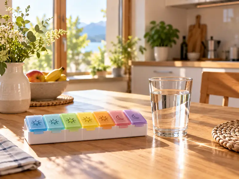 Küchentisch im Morgenlicht mit einer Wochen-Tablettendose und einem Glas Wasser.