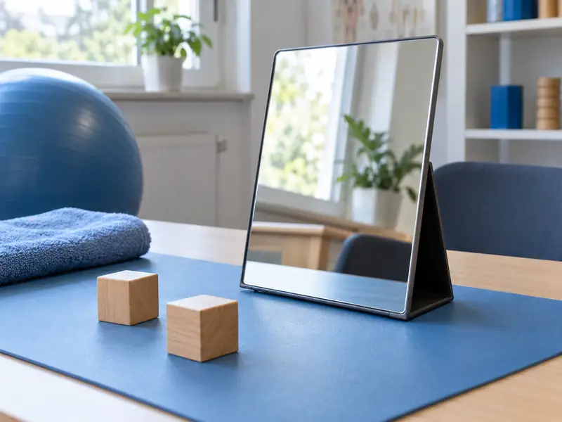 Aufbau für die Spiegeltherapie: ein aufgestellter Spiegel auf einer Tischunterlage, davor zwei Holzwürfel zum Üben.