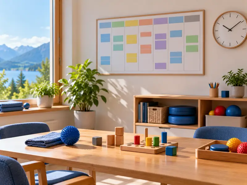 Wochenplaner mit farbigen Feldern und eine Wanduhr, darunter ein Therapietisch mit Übungsmaterial.